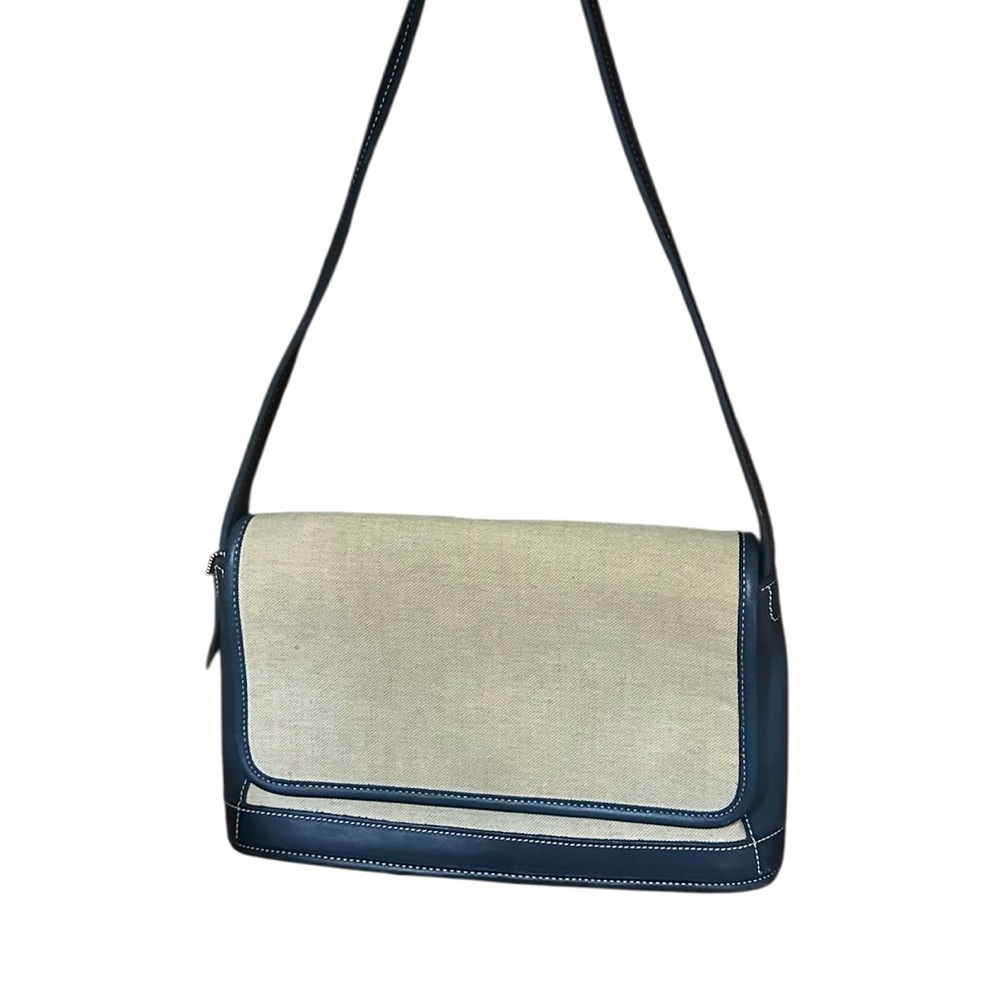 Vintage 90’s Coach Bleeker Flap Handbag Deep Navy Blue Leather & Wheat Canvas - Picture 5 of 16